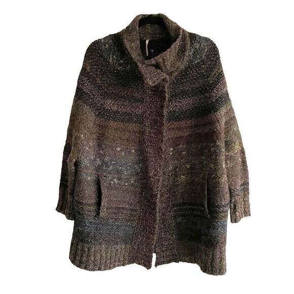 FREE PEOPLE Wool Starlight Shadow Long Poncho Sweater Cardigan Brown XS - Picture 2 of 11